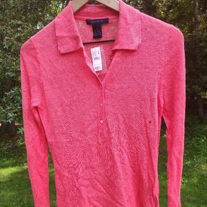 Coral Linen Pink Popover Top Blouse Collared Half Button Up Summer Spring Beachy